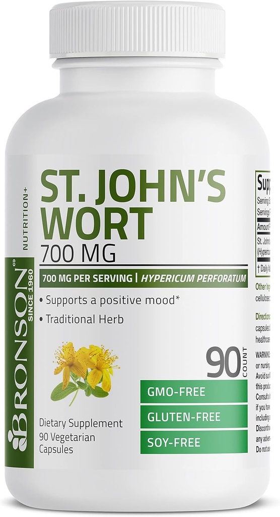 Bronson St. John's Wort 700 MG por Serving Hypericum Perforatum soporta un Mood positivo - No GMO, 90 cápsulas vegetarianas