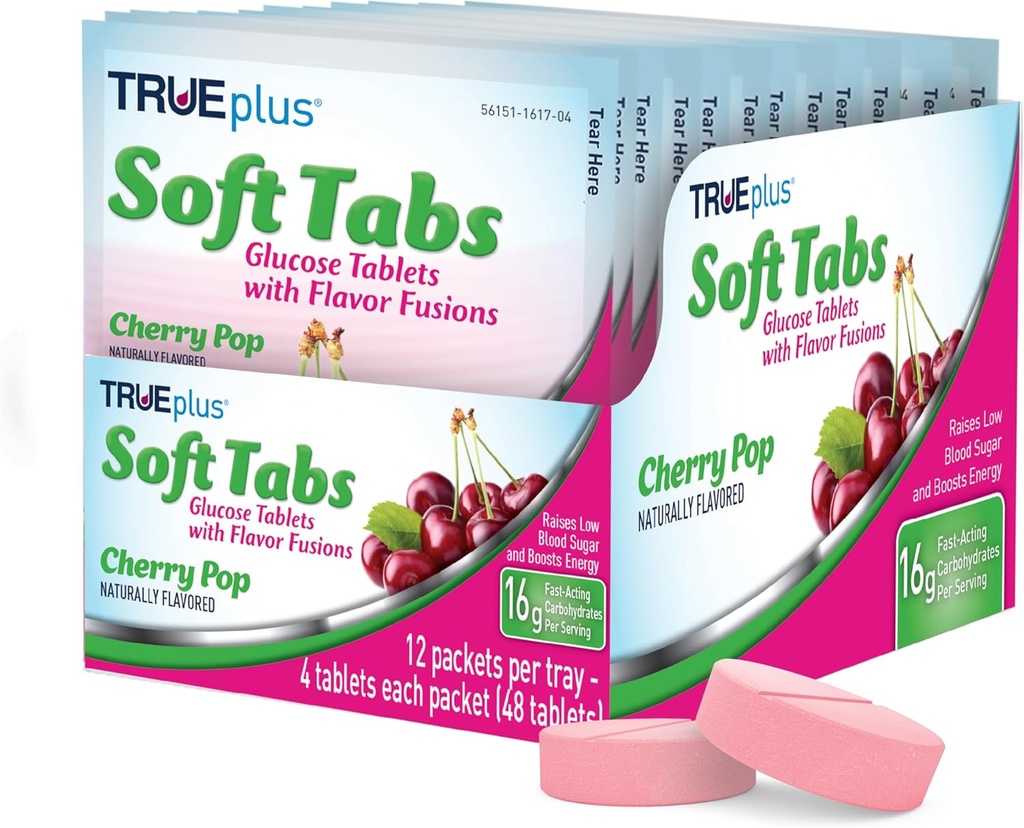 TRUEplus® Soft Tabs Glucose Tablets – 12 Packs – 48 pestañas (Cherry Pop)