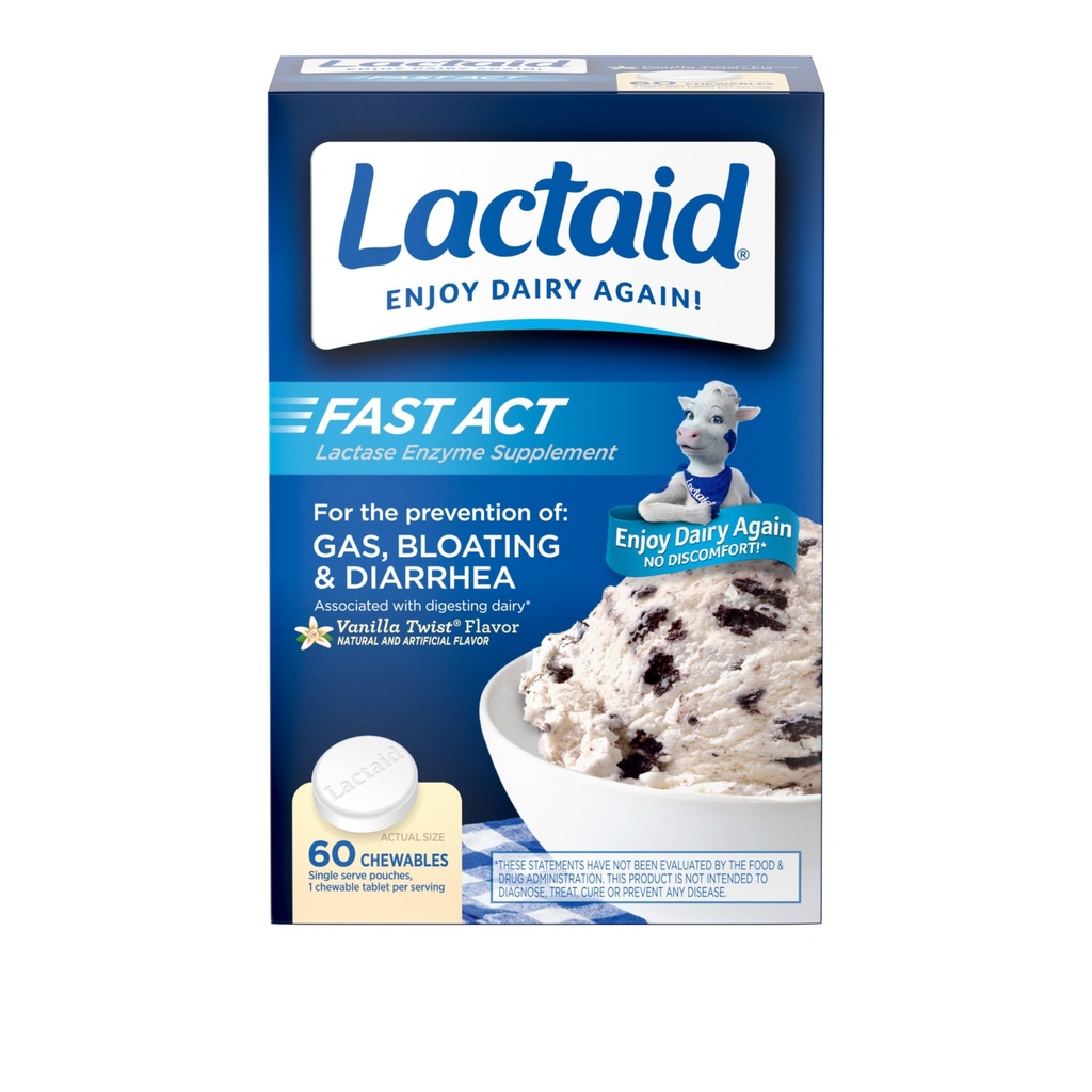 Lactaid Fast Act Lactose Intolerance Relief Chewables with Natural Lactase Enzyme to Prevent Gas, Bloating & Diarrhea Debido a Lactose Sensitivity, On-the-Go, Vanilla Twist Flavor, 60 x 1 ct