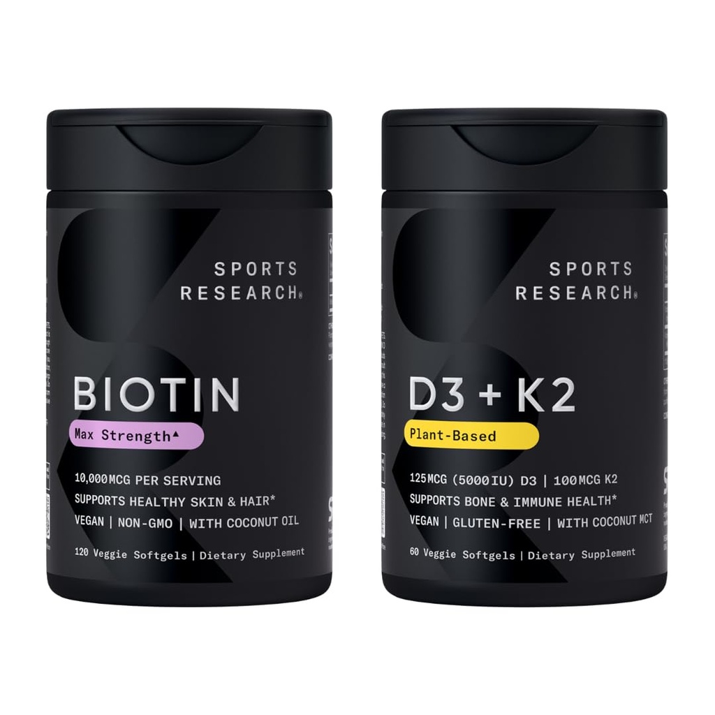 Sports Research® Body Wellness Pack - Vegan Vitamin D3 5000iu + K2 100mcg Mk7 with Coconut Oil (60 Softgels) and 10,000mcg Biotin (Vitamin B7) for Healthy Skin and Hair Support (120 Softgels)