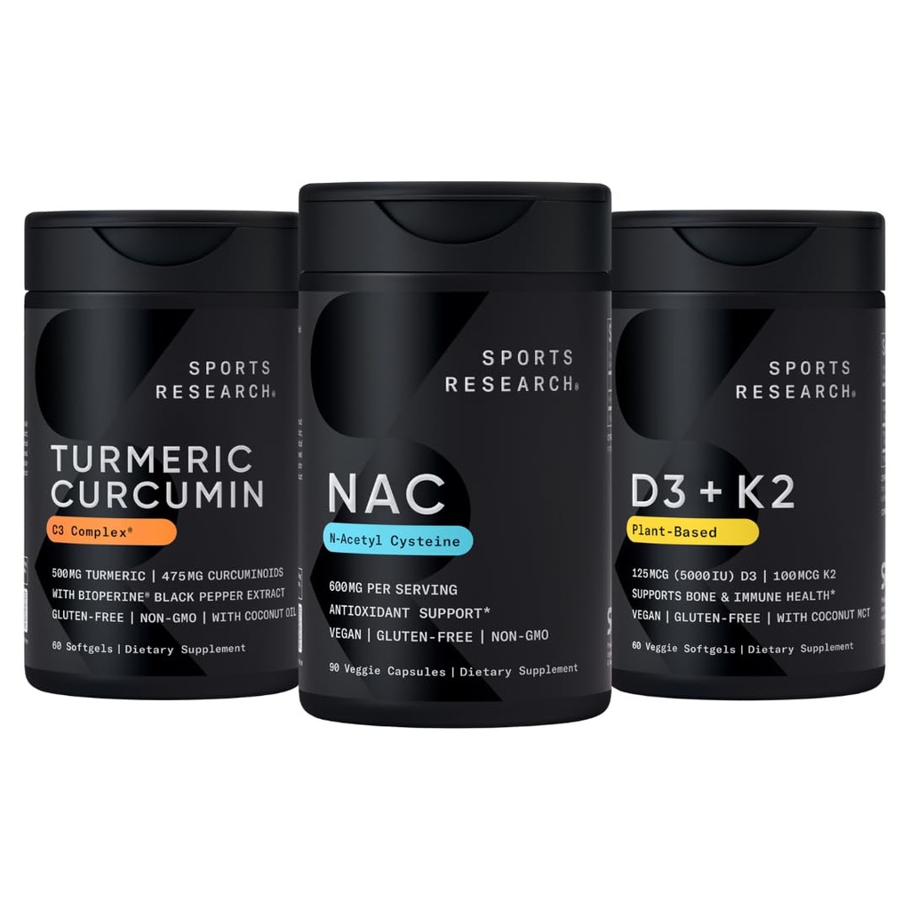 Sports Research Vitamin D3 K2 with Coconut Oil, Turmeric Curcumin C3 Complex Softgels with Bioperine Black Pepper Extract & Organic Coconut Oil and N-Acetyl L-Cysteine (NAC) 600mg Veggie Capsules