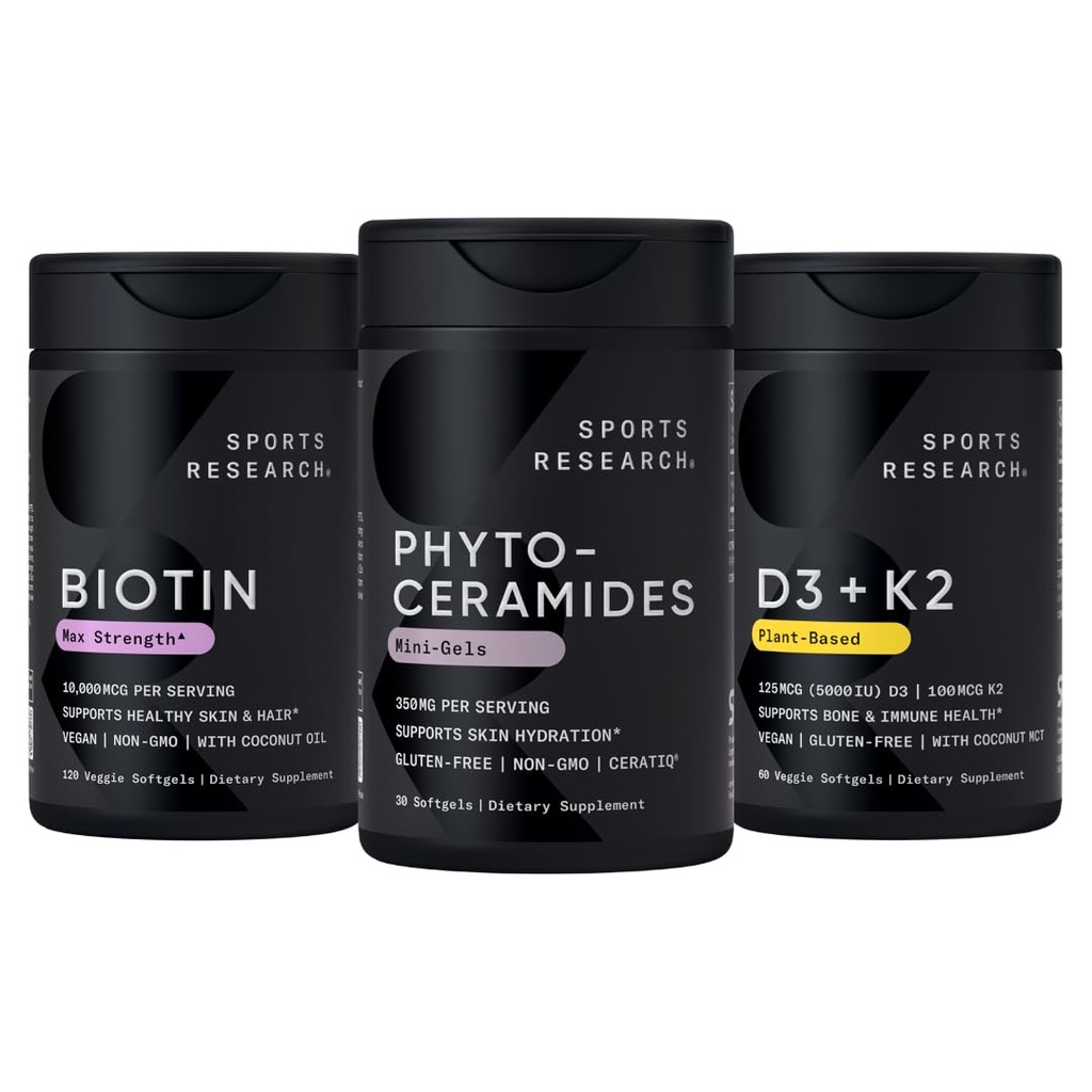 Sports Research Skin Health Bundle - Vitamin D3 K2 with Coconut Oil, Vegan Biotin 10,000mcg with Coconut Oil & Phytoceramides 350mg per Softgel Plant Derived Ceramides for Healthy Skin and Hydration
