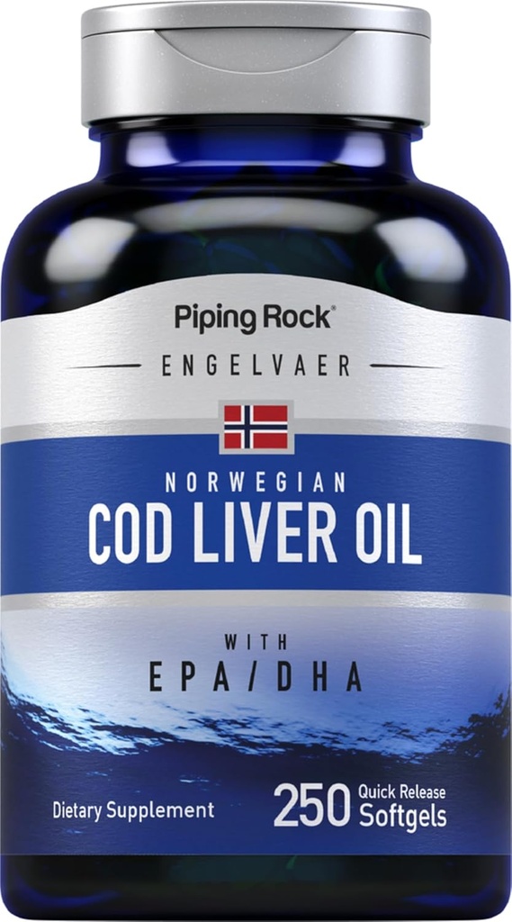 Piping Rock Cod Liver Oil Softgels tención 250 Cuenta Silencio con EPA DHA Silencio Engelvaer Norwegian ← Non-GMO, Gluten Free Supplement