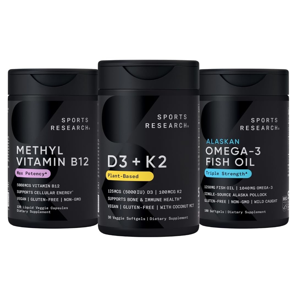 Sports Research® Multivitamin Pack - Vitamin D3 + K2 w/Coconut Oil 5000iu + Vitamin B12 as Methylcobalamin 5000mcg + Omega-3 Fish Oil 1250