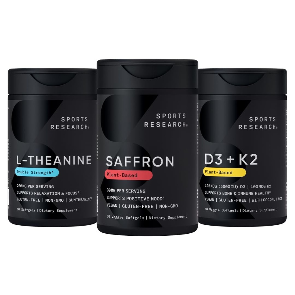 Sports Research® Stress Support Pack - Pure Saffron Supplement, 30 mg + Double Strength L-Theanine Supplement + Vitamin D3 + K2 5000 IU