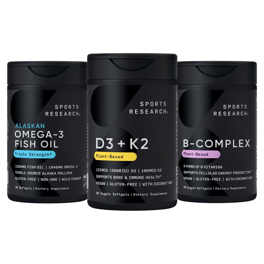 Sports Research® Multivitamin Pack - Vegan Vitamin D 5000iu & Mk7 Vitamin K 100mcg, Omega-3 Fish Oil 1250mg, and Vitamin B-Complex with Methylated B12 & Folate