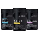 Sports Research® Multivitamin Pack - Vegan Vitamin D 5000iu & Mk7 Vitamin K 100mcg, Omega-3 Fish Oil 1250mg, and Vitamin B-Complex with Methylated B12 & Folate