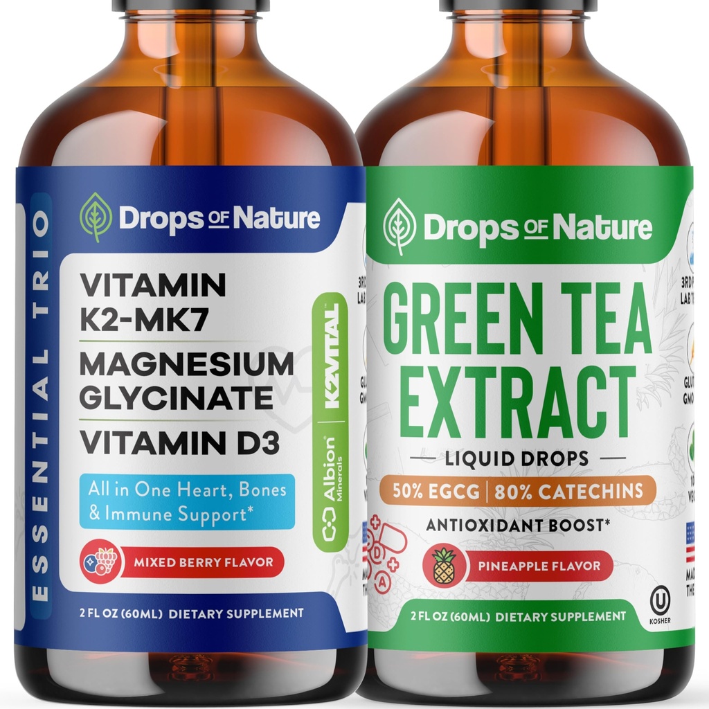 Drops Of Nature Green Tea Extract Liquid Drops (Pineapple, 60mL) & Magnesium Glycinate with Vitamin K2 D3 Drops (Mixed Berry, 60 mL) – Vegan, Gluten-Free – Antioxidant & Daily Mineral Wellness Support