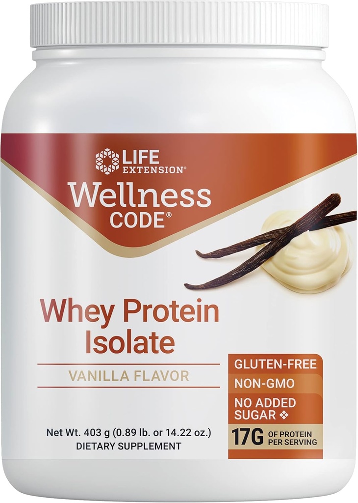 Ampliación de vida Wellness Code® Whey Protein Isolate (Vanilla), Proteína y Aminoácidos de cadena ramificada para el crecimiento muscular &amp; Immune Health, no Sugar Añadido, Gluten Free, Non-GMO, 403 Grams (20 Servings)