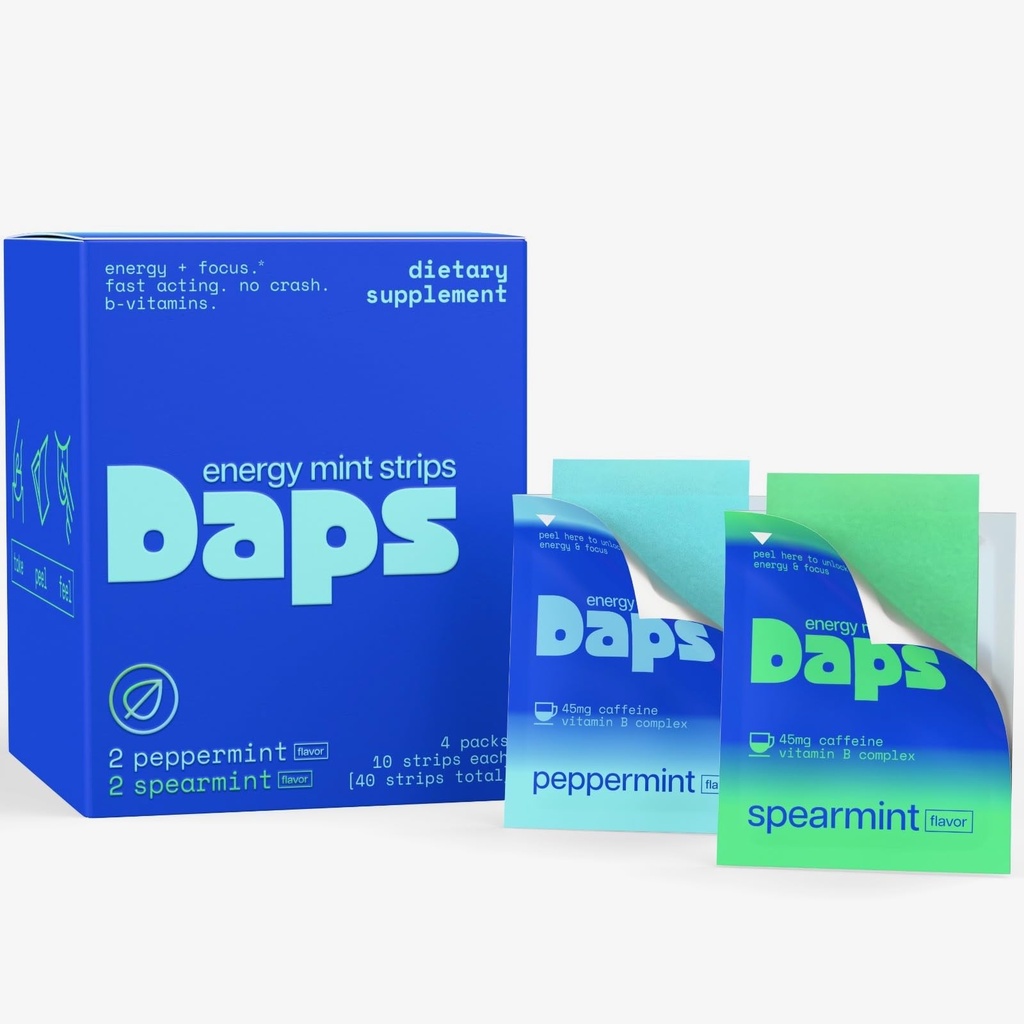 Daps Mint Energy Strips - 45mg Natural Caffeine + B-Vitamins - Fast-Acting Energy Supplement - Works Faster Than Coffee - On-The-Go, Sugar Free- Assorted Flavors, 40 Strips