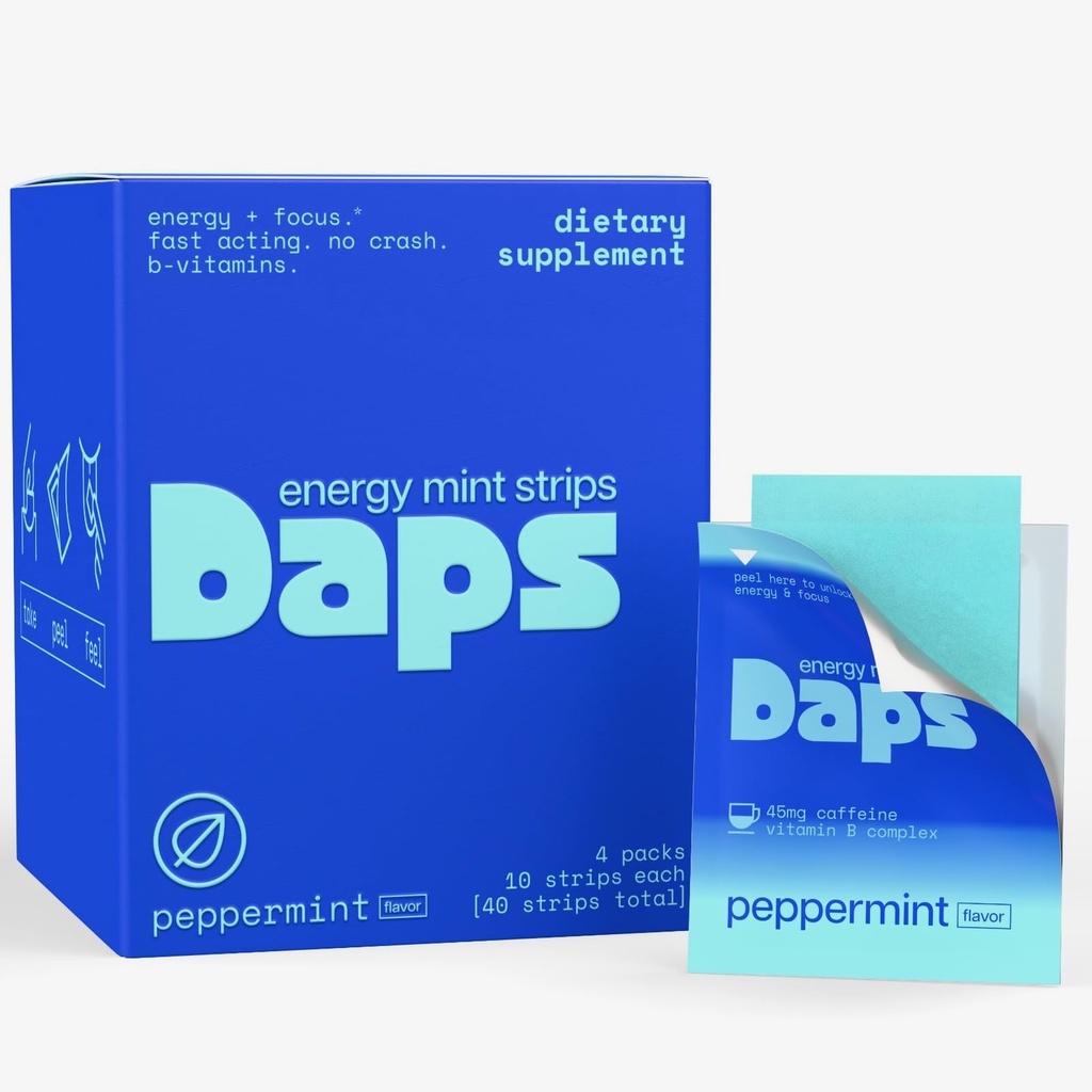 Daps Energy Mint Strips - 45mg Natural Caffeine + B-Vitamins - Fast-Acting Energy Supplement - Works Faster Than Coffee - On-The-Go, Sugar Free- Peppermint, 40 Strips