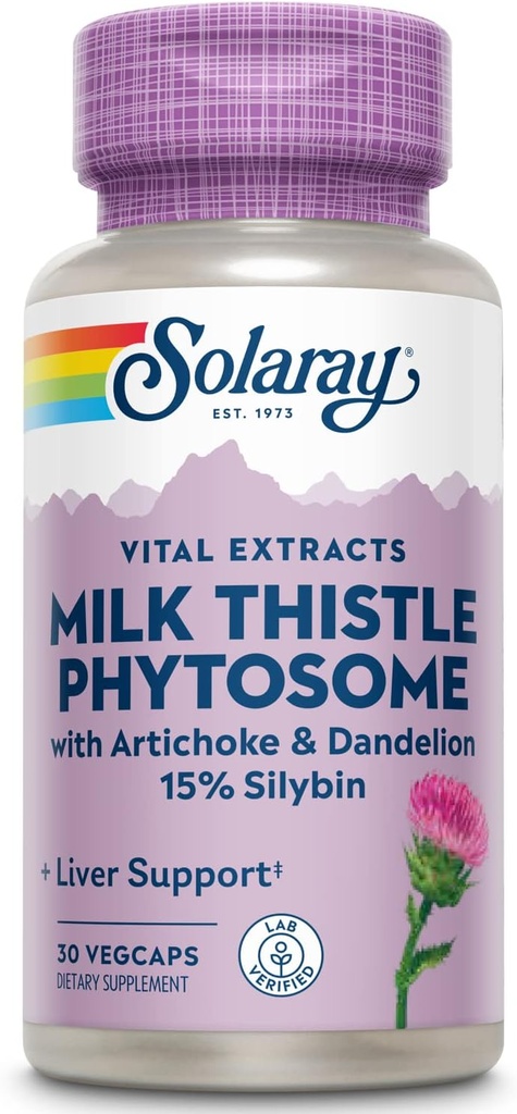 SOLARAY Milk Thistle Phytosome with Artichoke, Dandelion, and Ginger - Milk Thistle Extract Supplying 15% Silybin - Liver Supplement - 60-Day Guarantee, Lab Verified - 30 Servings, 30 VegCaps