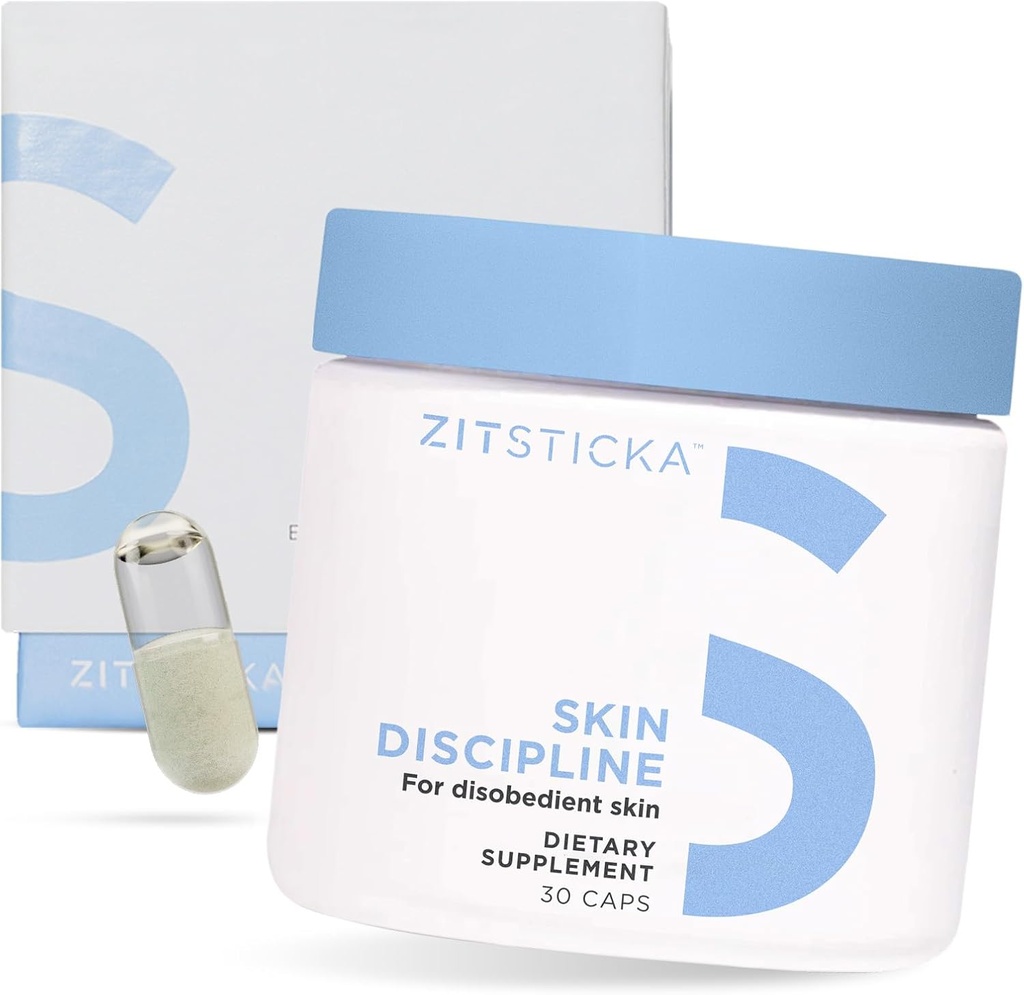 ZitSticka Vitamina Acne Suplemento para el acné quístico w / 30 cápsulas naturales para mujeres y hombres, Suplementos para el apoyo hormonal, Claridad de la piel, manchas oscuras - Dermatólogo testado (Disciplina de piel)