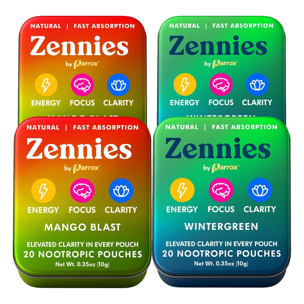 Caffeine Nootropic Pouches – Wintergreen & Mango Blast Variety Pack | Four Tins (2 of Each Flavor), Nicotine Free, Sugar Free.