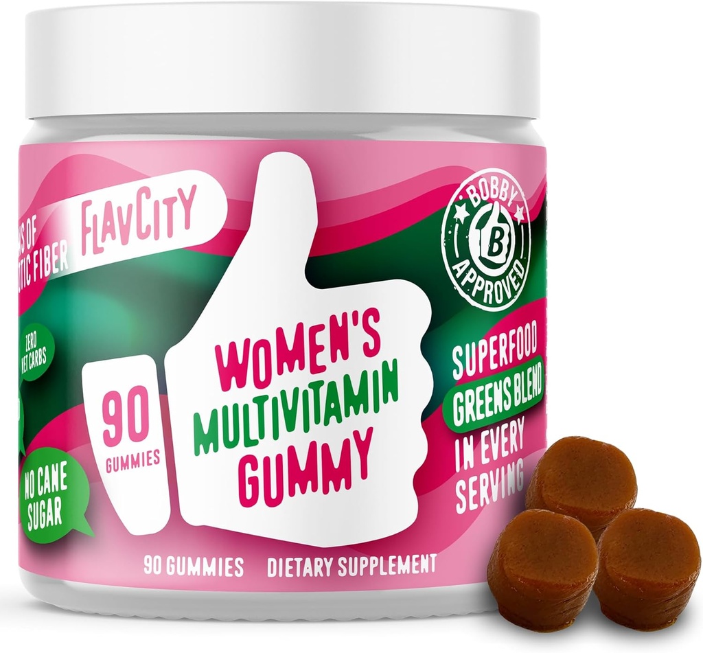 FlavCity Womens Multivitamin Gummy - Daily Multivitamin Gummies for Women - Vitaminas Premium, Minerales & Fiber Prebiótico - No Cane Sugar o Semillas - Orgánica Wheatgrass, Moringa &amp; Más (90 Gummies)