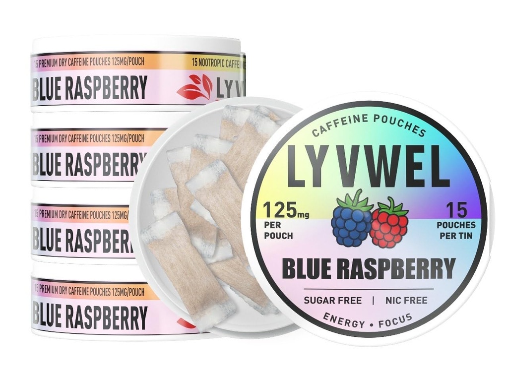 LyvWel 125mg Caffeine Energy Pouches – Clean Energy with Guarana for Focus & Stamina – 5-Pack (75 Total Pouches) (5 Pack, Blue Raspberry)