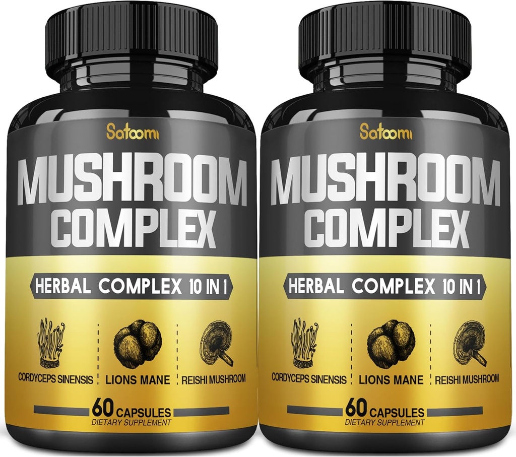 Satoomi 10in1 Mushroom Complex Supplements Capsules - 4 Month Supply - Blends with Lions Mane, Cordyceps, Reishi, Chaga, Maitake, Shitake & Otros - 2 Packs 60 cápsulas