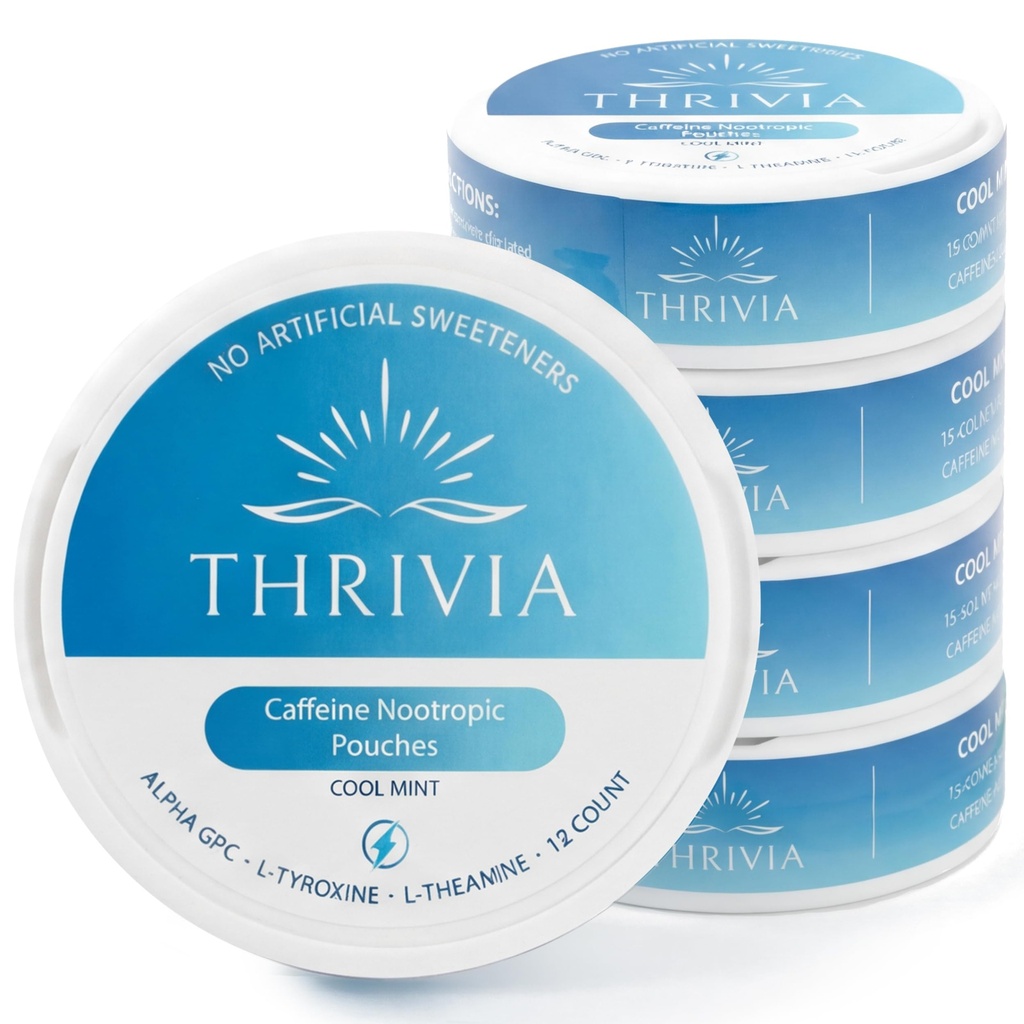 Energy Caffeine Pouches | 50mg Caffeine | Alpha GPC | L-Tyrosine | L-Theanine | 15 Nootropic Pouches Per Can (Pack of 5) (Cool Mint)