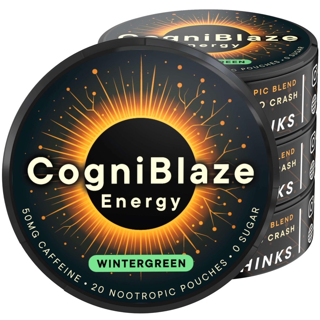 Caffeine Pouches (Wintergreen) | Nootropic Energy Pouches with 50mg Caffeine, Alpha GPC, L-Tyrosine & L-Theanine | Zero Sugar | No Artificial Sweeteners | 4 Pack (80 Total)