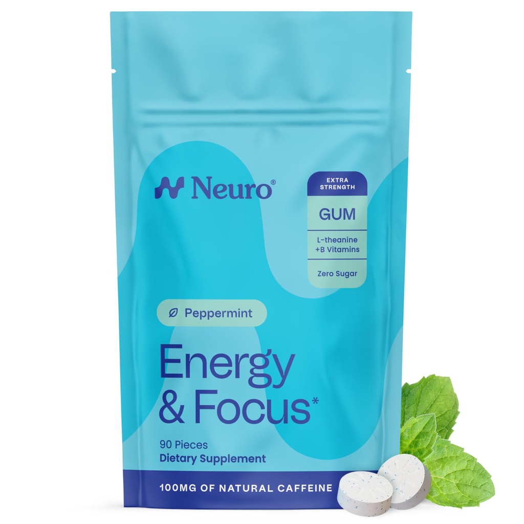 Neuro Energy & Focus Gum, Extra Strength - 100mg Natural Caffeine Gum & Nootropic Energy Supplement with L-Theanine & B Vitamins - Sugar Free, Vegan - Peppermint, 90ct