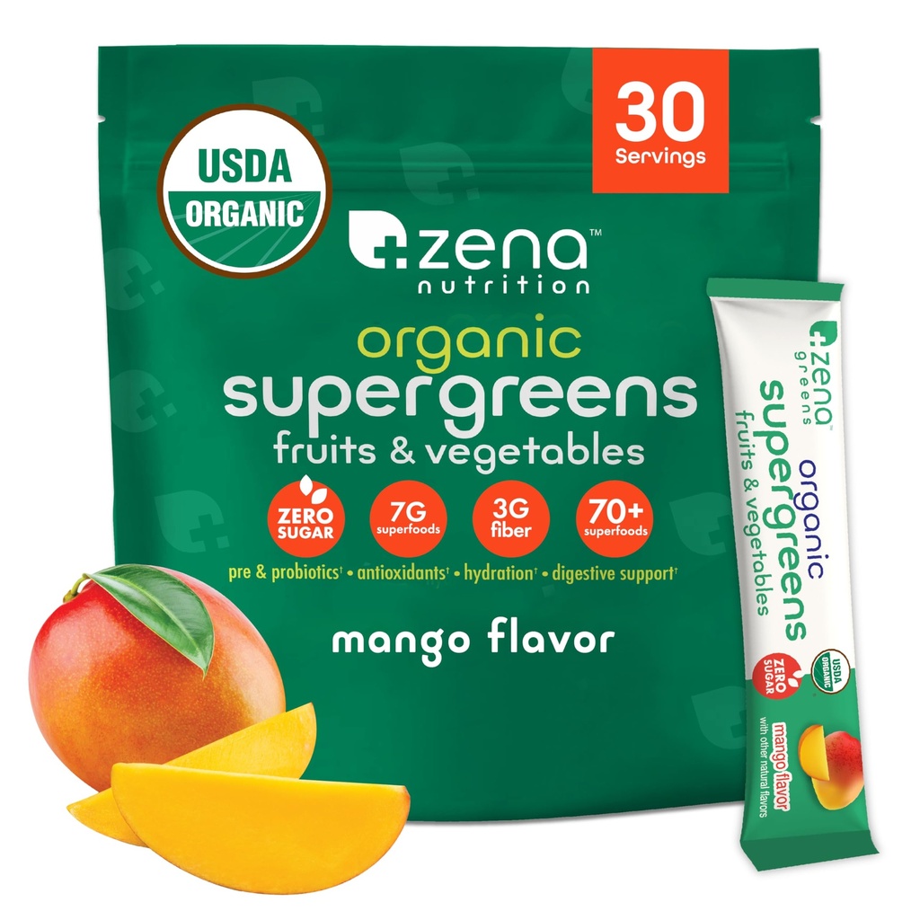 Zena Nutrition Organic Super Greens Powder, 70+ Superfoods, 0 Azúcar, 3G Fiber, Spirulina, Clorella, Antioxidantes, Prebióticos/Probióticos, Enzymes Digestivos, Mango, 30 Bebidas Mix Packets