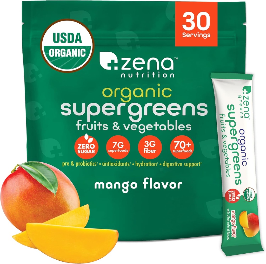 Zena Nutrition Organic Super Greens Powder, 70+ Superfoods, 0 Azúcar, 3G Fiber, Spirulina, Clorella, Antioxidantes, Prebióticos/Probióticos, Enzymes Digestivos, Mango, 30 Bebidas Mix Packets