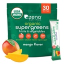 Zena Nutrition Organic Super Greens Powder, 70+ Superfoods, 0 Azúcar, 3G Fiber, Spirulina, Clorella, Antioxidantes, Prebióticos/Probióticos, Enzymes Digestivos, Mango, 30 Bebidas Mix Packets
