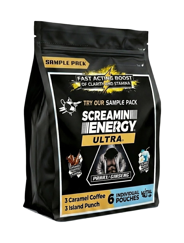 Screamin Energy Ultra Sample Pack with Panax Ginseng, 6 Individual Pouches, 2 Flavors (Caramel Mocha, Island Punch), Ready to Drink Energy Shots
