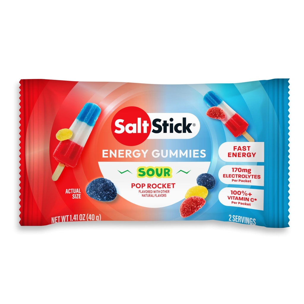 SaltStick Energy Gummies with Electrolytes, Sour Pop Rocket, Easy to Chew Electrolyte Gummy, 10 Packs, 80 Gummies