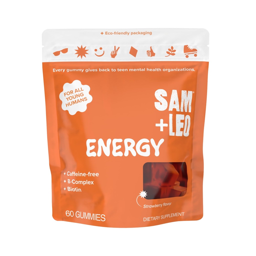 SAM+LEO Vitamin B Complex Gummies with Biotin for Kids & Teens - Caffeine-Free Focus & Energy Support Supplement Gummies | Vegan & Gluten Free Supplement - Strawberry Flavor (60 Count)