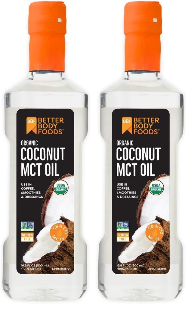BetterBody Foods' Organic Coconut 100% MCT Oil - Keto-Friendly - C8 & C10 - Gluten Free - 16.9 oz (Pack of 2)
