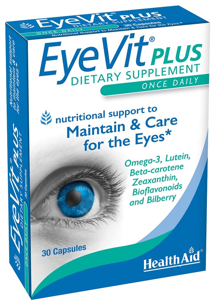EyeVit Plus – Once-Daily Eye Health Supplement | 30 Capsules | Contains Omega-3, Lutein, Beta-Carotene, Zeaxanthin, Bioflavonoids & Bilberry