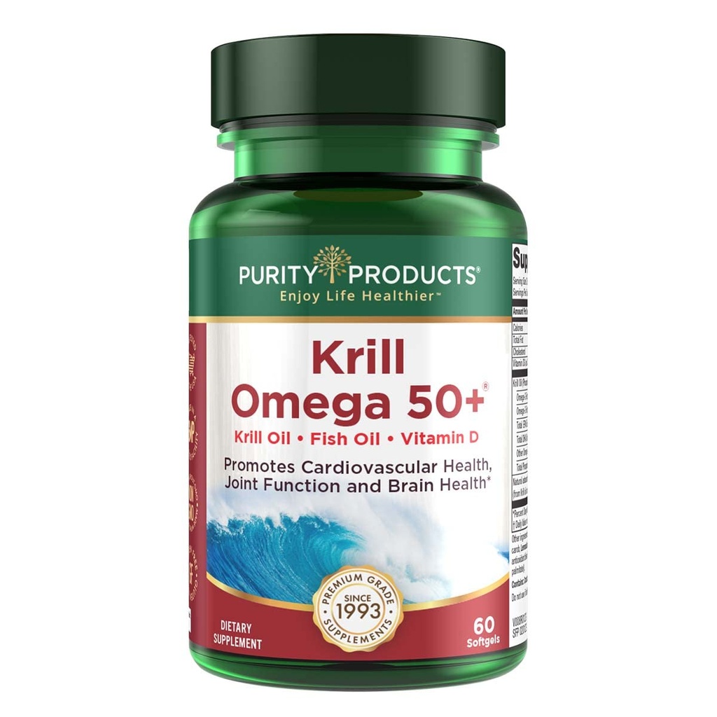 Productos de pureza Krill Omega 50 (Krill + Fish Oil Blend 1000mg + Astaxanthin 500mcg + Phospholipids 200mg + Vitamina D 500 UI) - 60 Mini Softgels