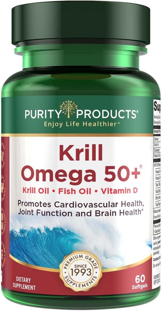Productos de pureza Krill Omega 50 (Krill + Fish Oil Blend 1000mg + Astaxanthin 500mcg + Phospholipids 200mg + Vitamina D 500 UI) - 60 Mini Softgels