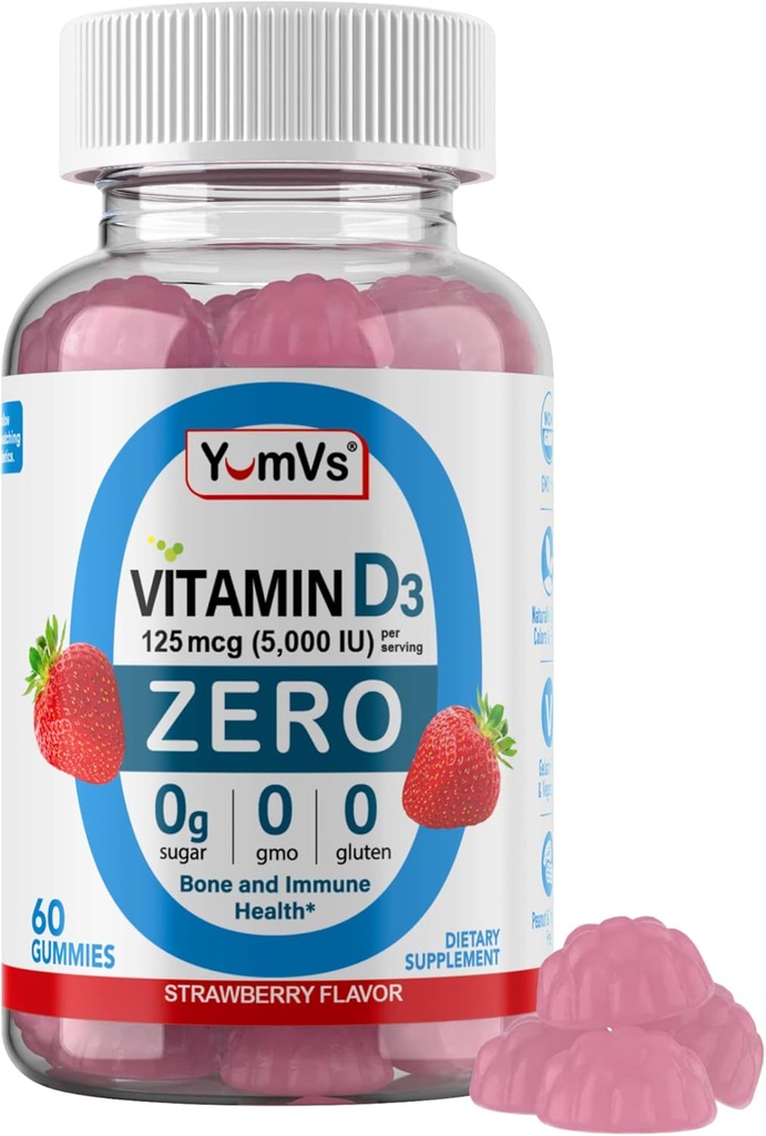 Yum-Vs - Vitamin D3 Gummies with Zero Sugar for Adults & Kids (125 mcg - 60 Count) - Sugar Free Vitamin D Gummies - Vegetarian Gummy Vitamins for Bone Support & Immune Health - Vit D3 Vitamin Chewable