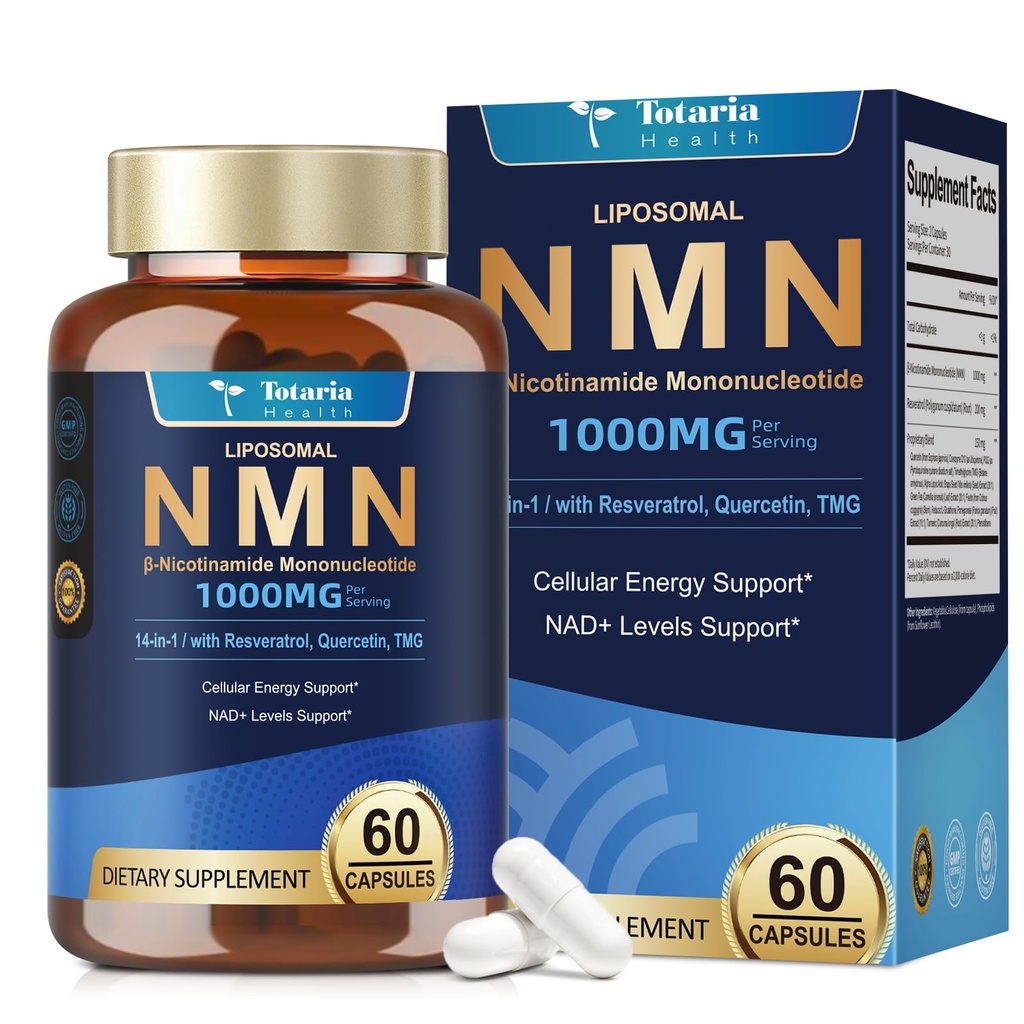 Totaria 14-in-1 Liposomal NMN Supplement 1000mg, NMN Resveratrol Complex with TMG, Quercetin, CoQ10, ALA, PQQ, Support NAD+ Levels, Cellular Energy & Healthy Aging, 60 Capsules, cGMP, Filler Free
