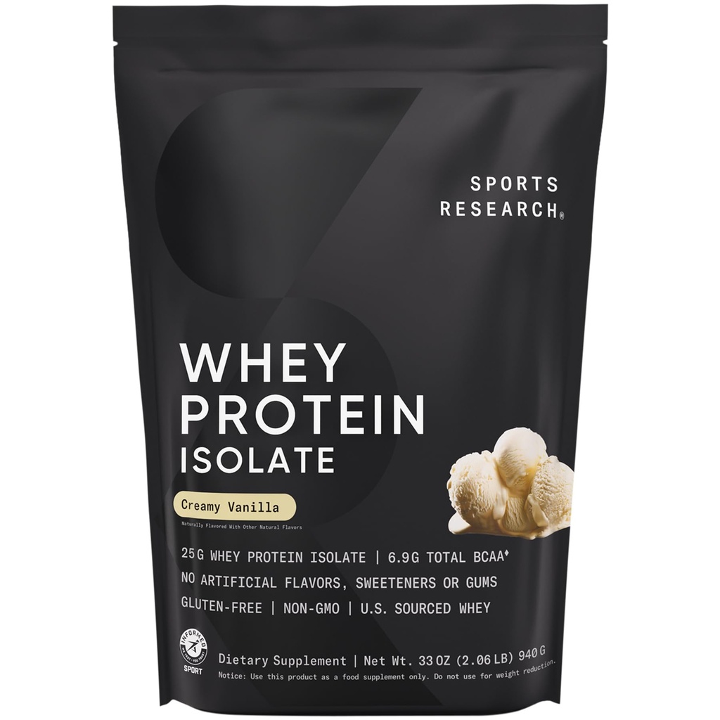 Sports Research Whey Protein Isolate - Sports Nutrition Protein Powder 25g per Serving - 2.06lb Bag Whey Protein - Vanilla Flavor - Bulk Protein Powder, 26 Servings