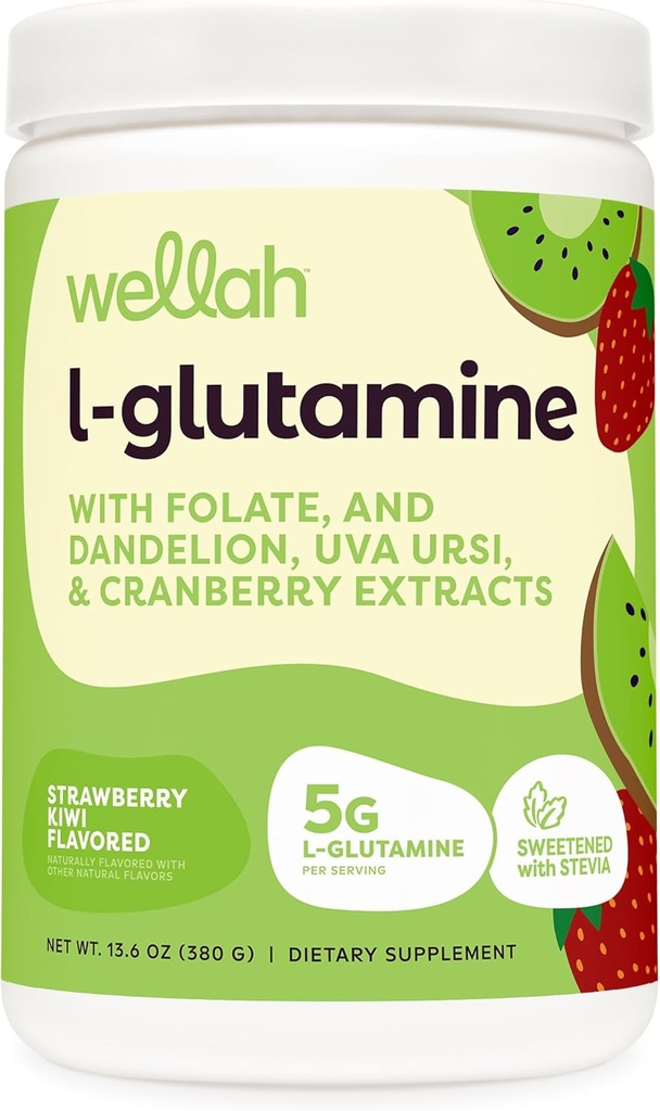 Wellah L-Glutamine Powder Strawberry Kiwi (50 Servings) - 5g L-Glutamine Por Serving, Endulzado con Stevia