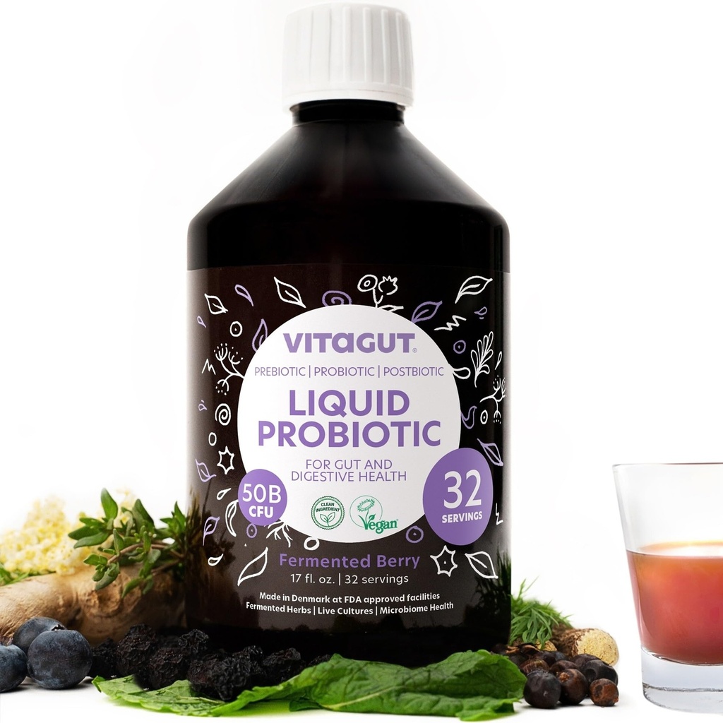 VITAGUT Probiótico líquido, prebióticos " Postbióticos 3 en-1 Orgánica, Probióticos vivos para Hombres Mujer - Probióticos para Salud Digestiva, 50 millones de UF, 19 hierbas fermentadas, Probiótico Vegano para Salud Gut