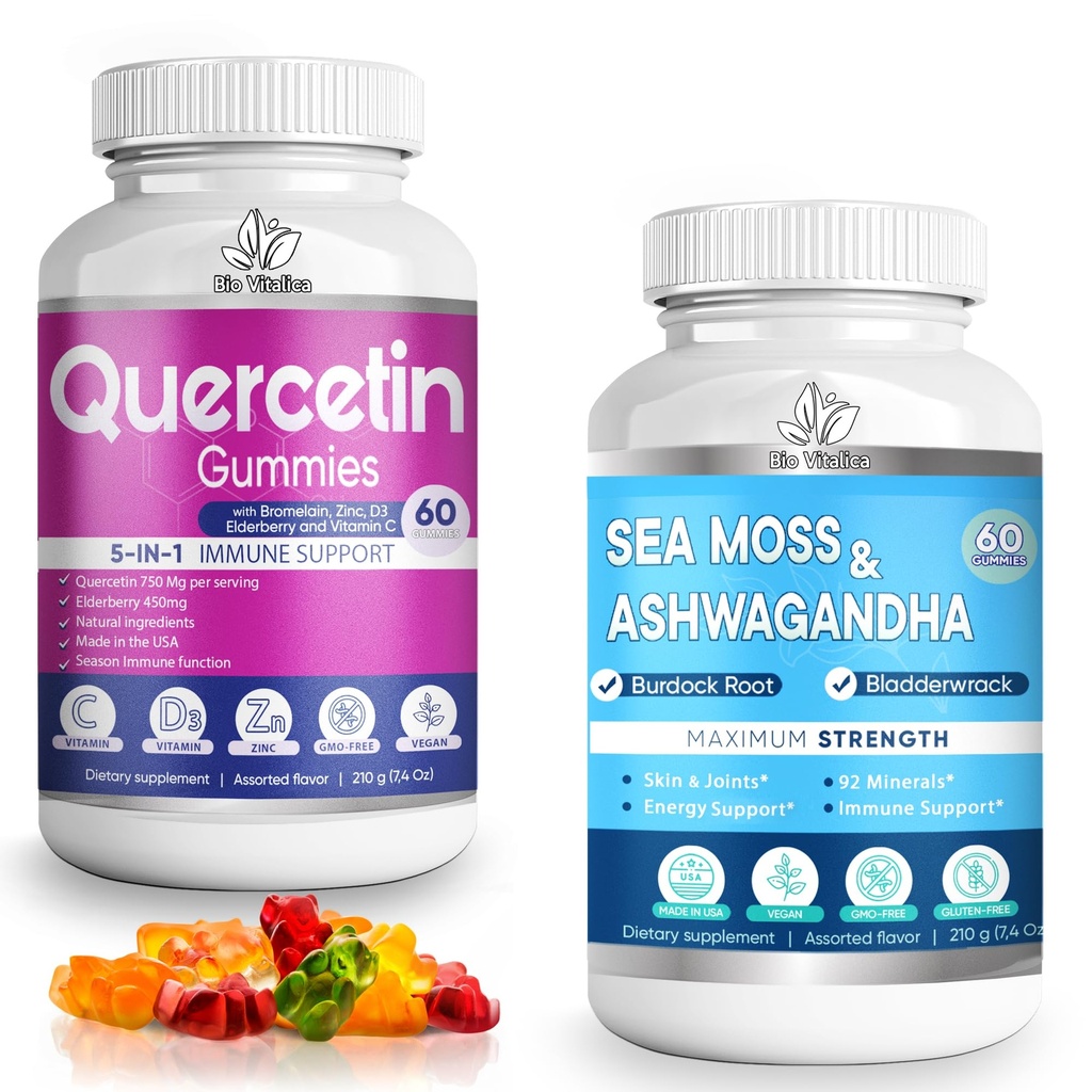 BIO VITALICA BioVitalica Sea Moss Ashwagandha & Quercetin Gummies (Bundle) with Bromelain Vitamin C and Zinc & Elderberry + Vitamin D3-5 in 1 Immune Support