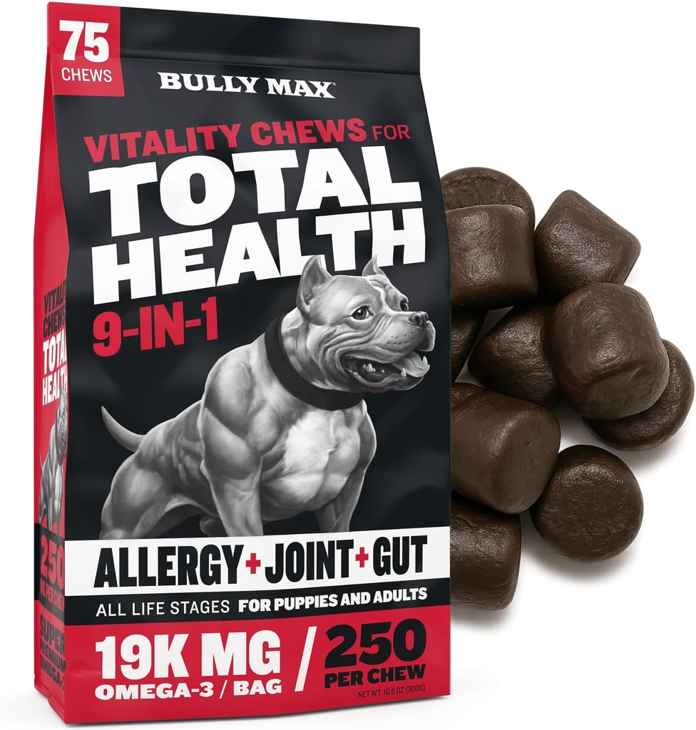 Bully Max Dog Chews & Multivitamin Treats for Puppy &amp; Adult Dogs - 75 Soft Chews, Dog Supplements & Vitamins for All Breeds - Skin, Coat, Brain, Heart, Digestive Health, Immunity, Joint Support