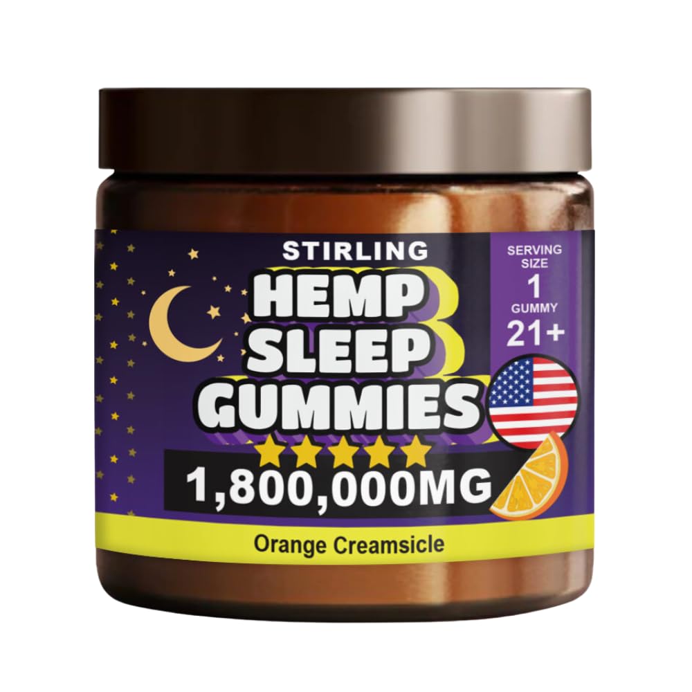 STIRLING Hemp Sleep Gummies 1800000mg for Adults - Relaxes Body & Mind - Maximum Strength - 5mg Melatonin - 10mg L-Theanine - Orange Creamsicle Flavor - Made in USA