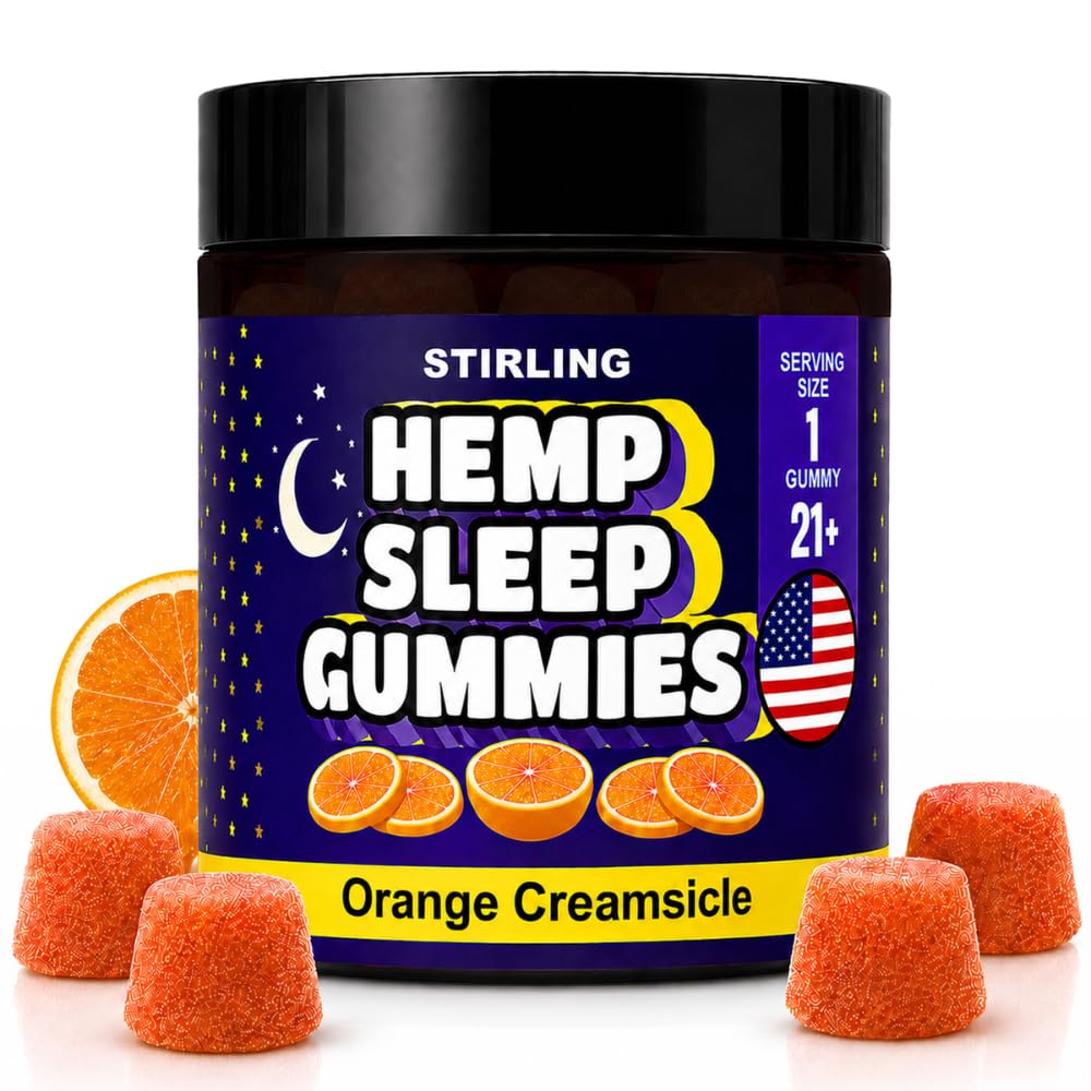 STIRLING Sleep Gummies with Hemp Seed Oil - Helps Support Sleep, Peace and Relaxation - Orange Creamsicle Flavor - Made in USA