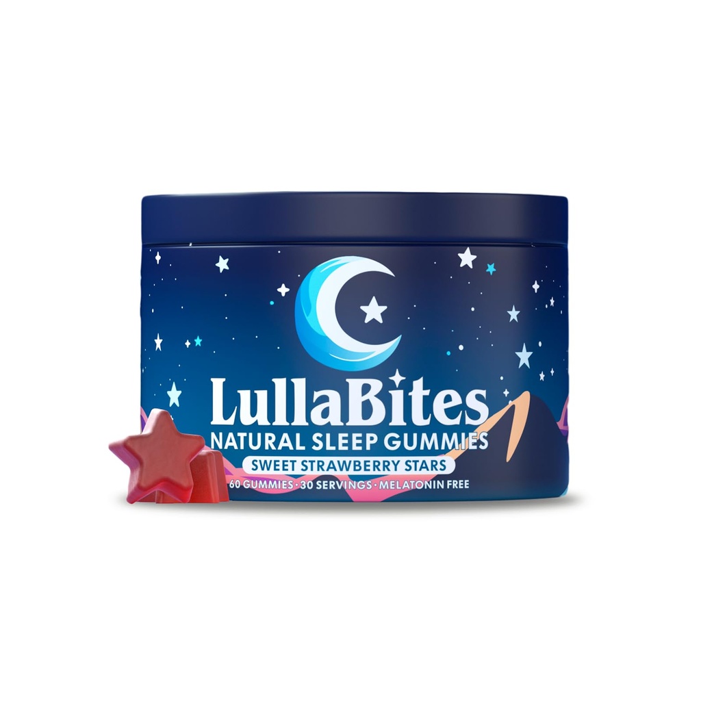 LullaBites - Natural Sleep Gummies - Made in USA - With 5-HTP, L-Theanine, Magnesium & Valerian Root - Melatonin Free - Vegan - Halal - Sugar, Gluten Free - Sweet Strawberry - 60 Gummies - 30 Servings
