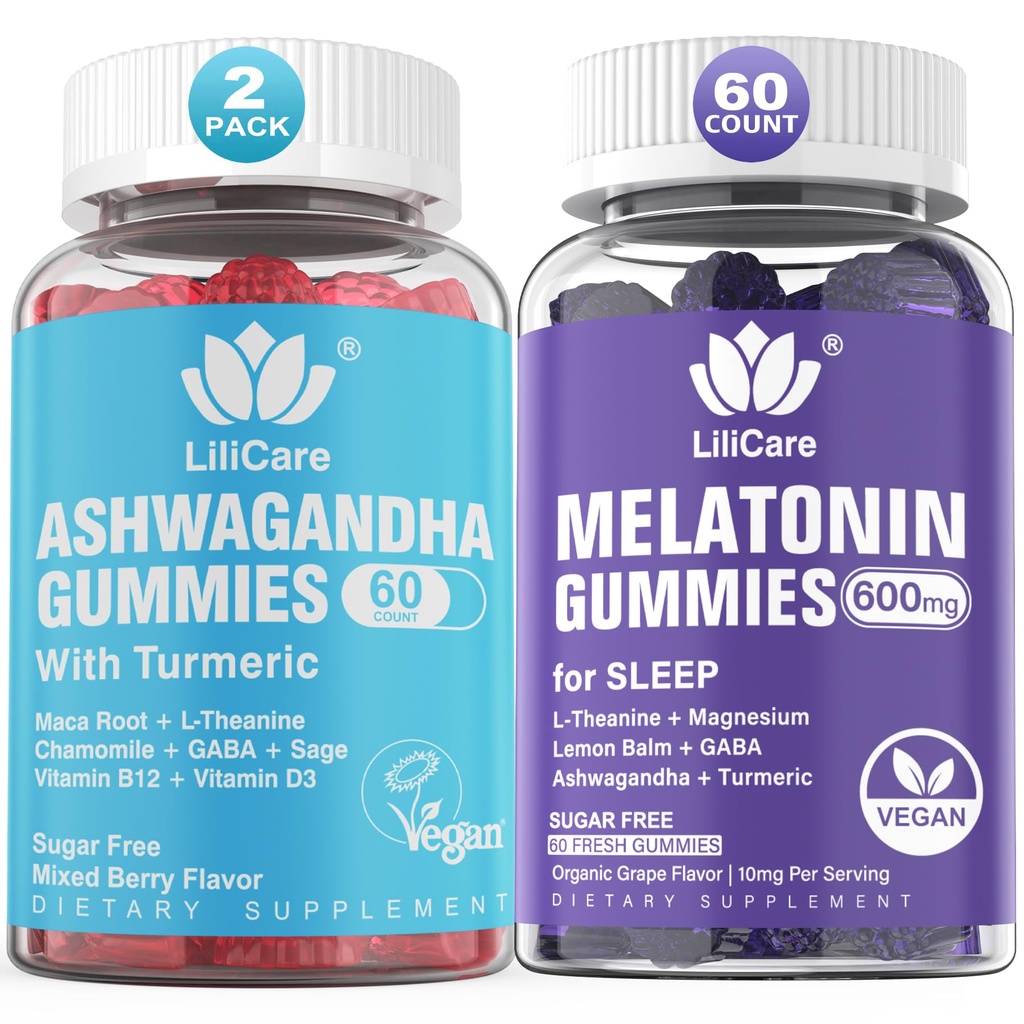 LILICARE 2 Pack Ashwagandha Gummies + 1 Pack Melatonin Gummies