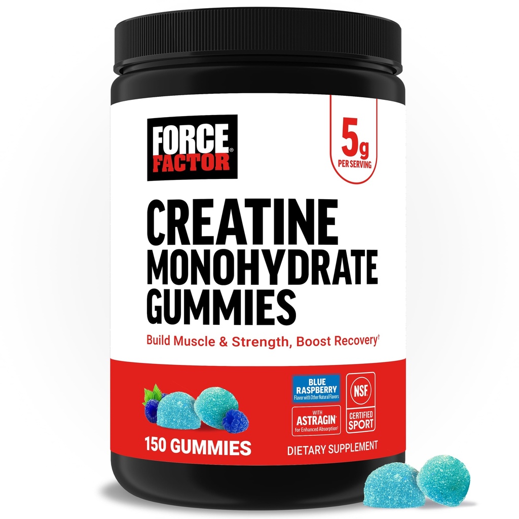 Factor de fuerza Creatine Monohydrate Gummies, NSF Certified, 5g Dose for Men &amp; Women to Support Muscle, Strength, Recovery, Cognitive Health & Memory, Packaging May Vary, Blue Raspberry, 150 Gummies