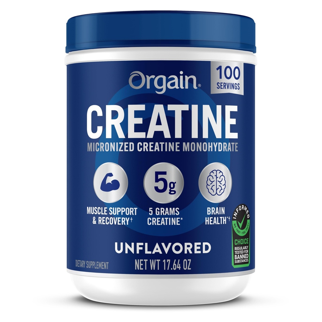 Orgain Creatine Monohydrate Micronized Powder, 100 Servings, Unflavored, Supports Muscle Growth, Post Workout Recovery and Brain Health, No Artificial Additives, for Men & Women (Packaging May Vary)