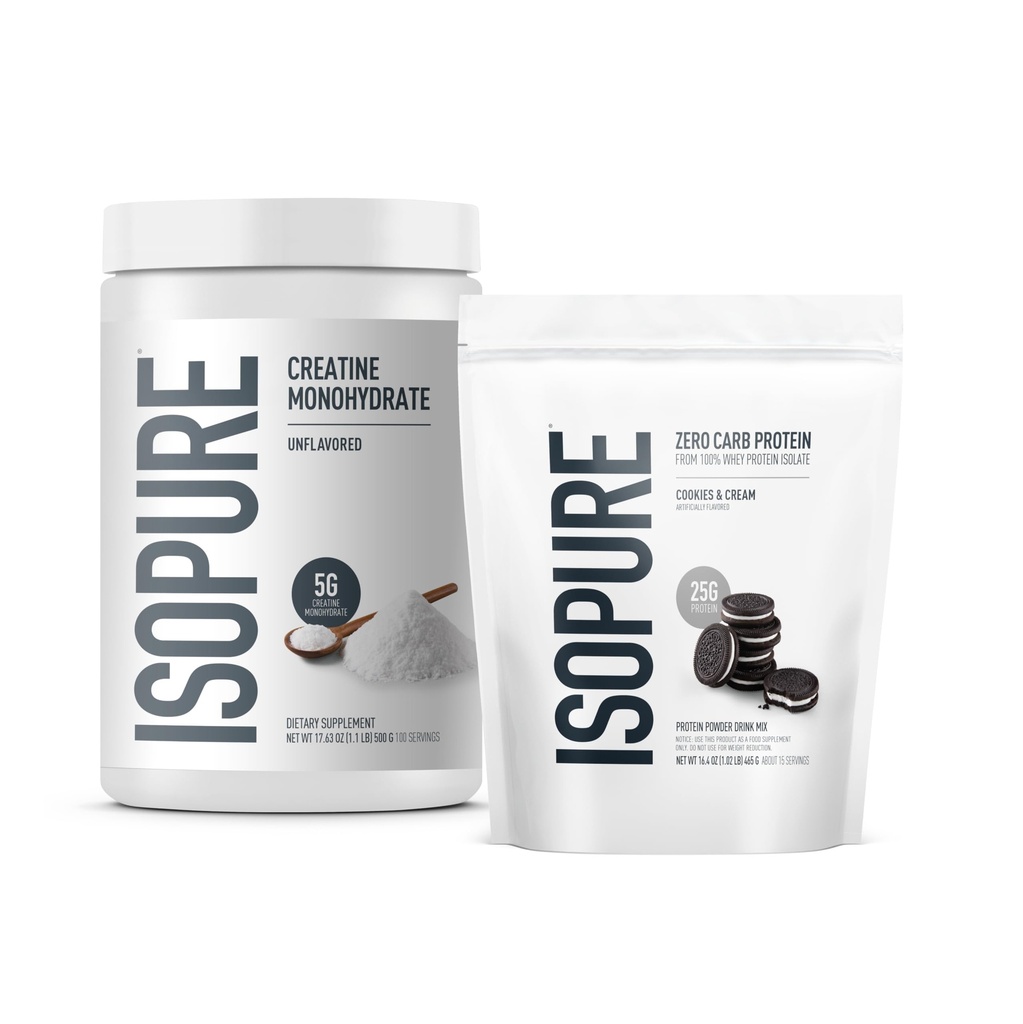 Isopure Bundle of Zero Carb 100% Pure Whey Isolate Protein Powder, Cookies &amp; Cream, 25g Protein Por Serving, 1 Lb, 15 Servimientos + Isopure 100% Pure Creatine Monohydrate Powder, 100 Servings