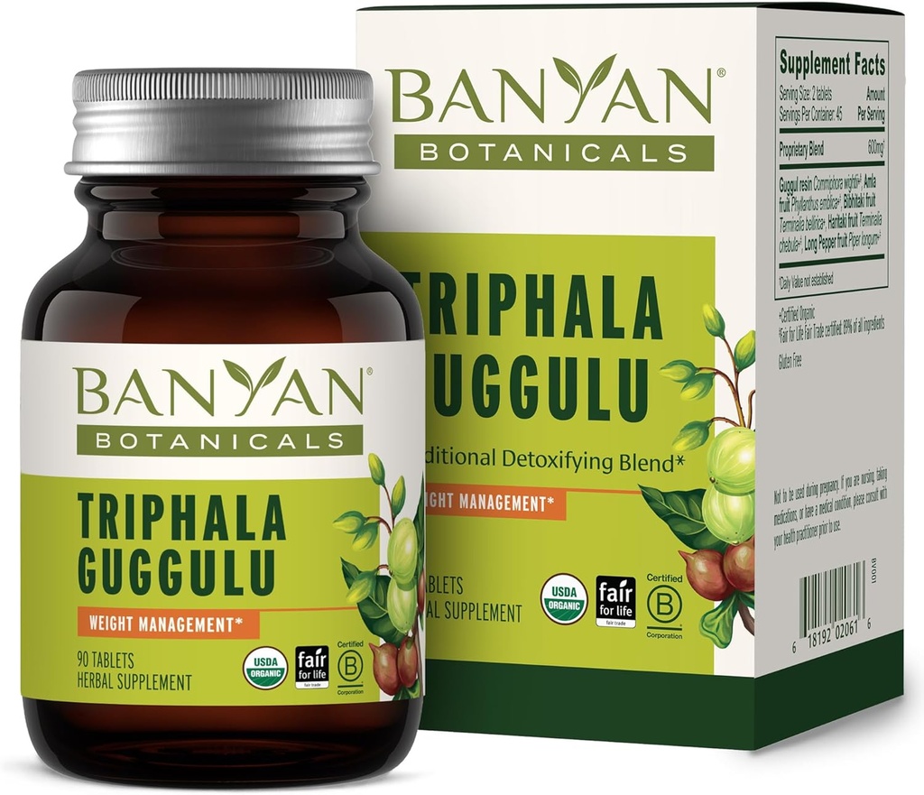 Botánicos de Banyan Triphala Guggulu – Suplemento Orgánica de Triphala con Guggulu Resin – Suplemento de Detox Herbal para apoyar la Digestión Saludable* – 90 Tabletas – No GMO Fuente sostenible Vegan