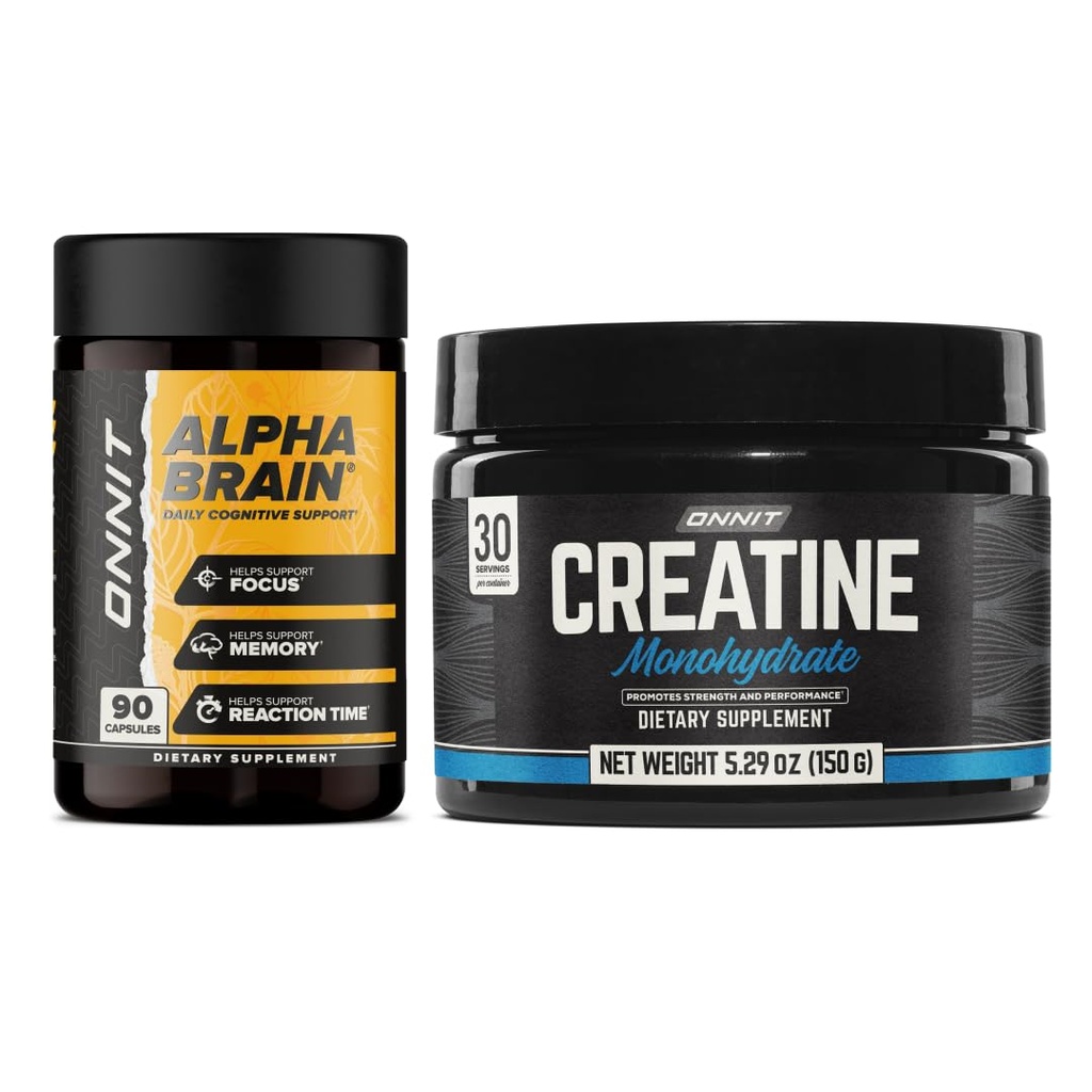 ONNIT Cognitive & Strength Performance Bundle: Alpha Brain Nootropic Capsules (90 Count) + Creatine Monohydrate Powder (30 Servings), IGEN Non-GMO Tested Focus, Strength & Lean Muscle – Pack of 2